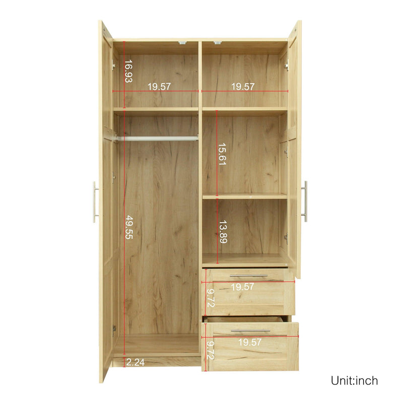 High wardrobe and kitchen cabinet with 2 doors, 2 drawers and 5Storage spaces,Oak
