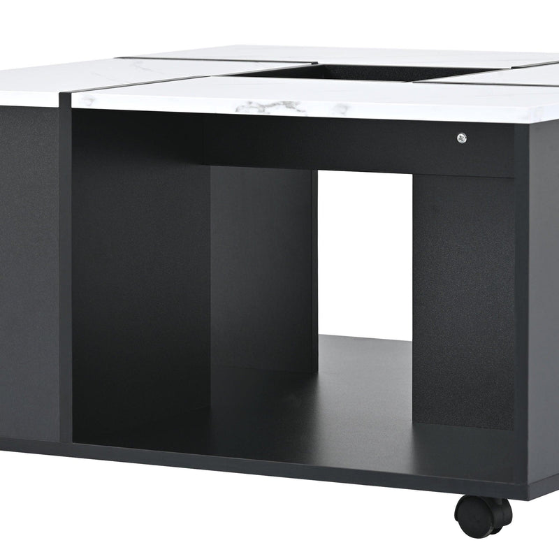 Modern 2-layer Coffee Table with Casters, Square Cocktail Table with Removable Tray，UV High-gloss Marble Design Center Table for Living Room，31.4”x 31.4”