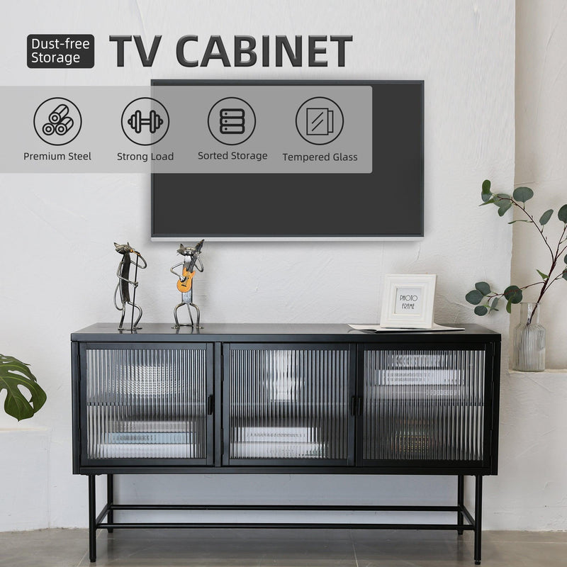 Retro Style Entertainment Center TV Console TV Stand with EnclosedStorage Display Cupboard Stylish Fluted Glass TV Table with Wide Countertop Glass Doors Detachable Shelves Bottom Space - Urban Living Furniture (Los Angeles, CA)