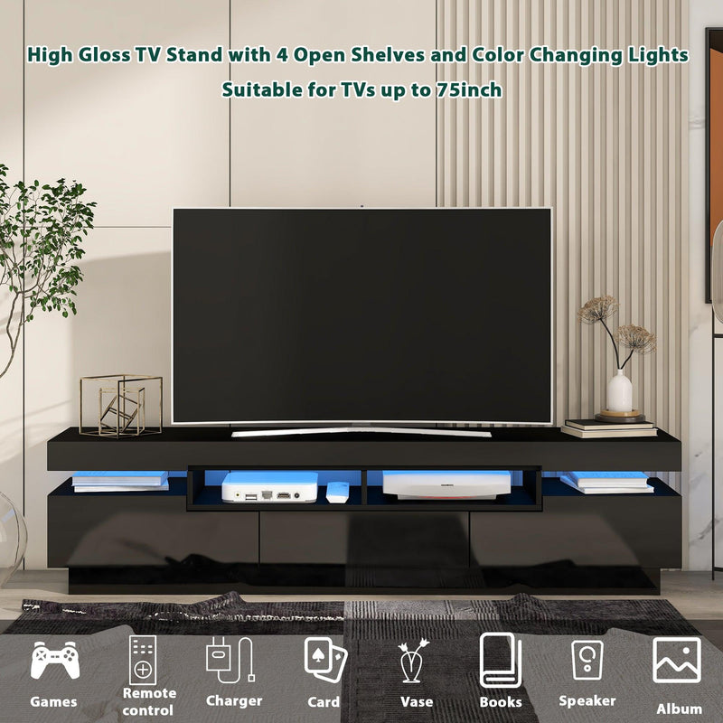 TV Stand with 4 Open Shelves,Modern High Gloss Entertainment Center for 75 Inch TV, Universal TVStorage Cabinet with 16-color RGB LED Color Changing Lights, Black