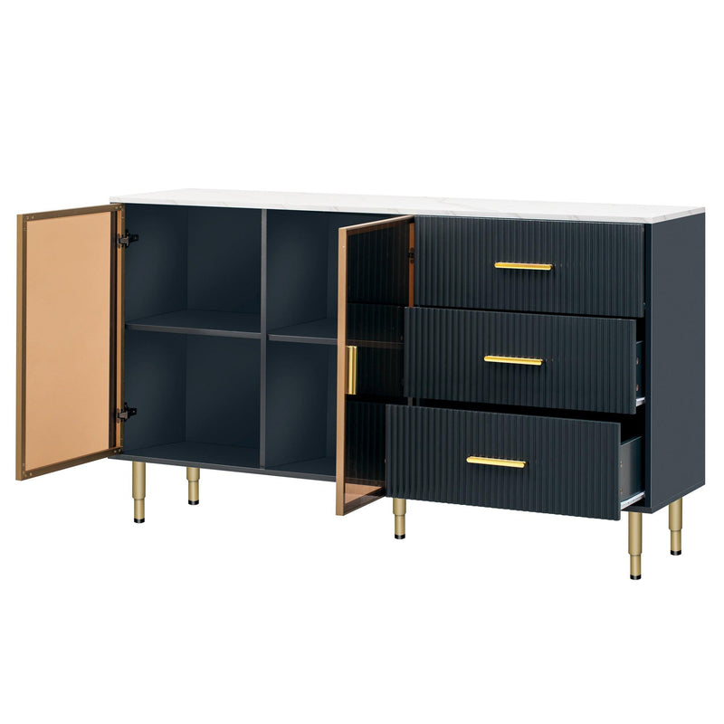 Modern Sideboard MDF Buffet Cabinet Marble Sticker Tabletop and Amber-yellow Tempered Glass Doors with Gold Metal Legs & Handles (Navy Blue) - Urban Living Furniture (Los Angeles, CA)