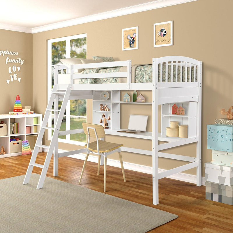 Twin size Loft Bed withStorage Shelves, Desk and Ladder, White