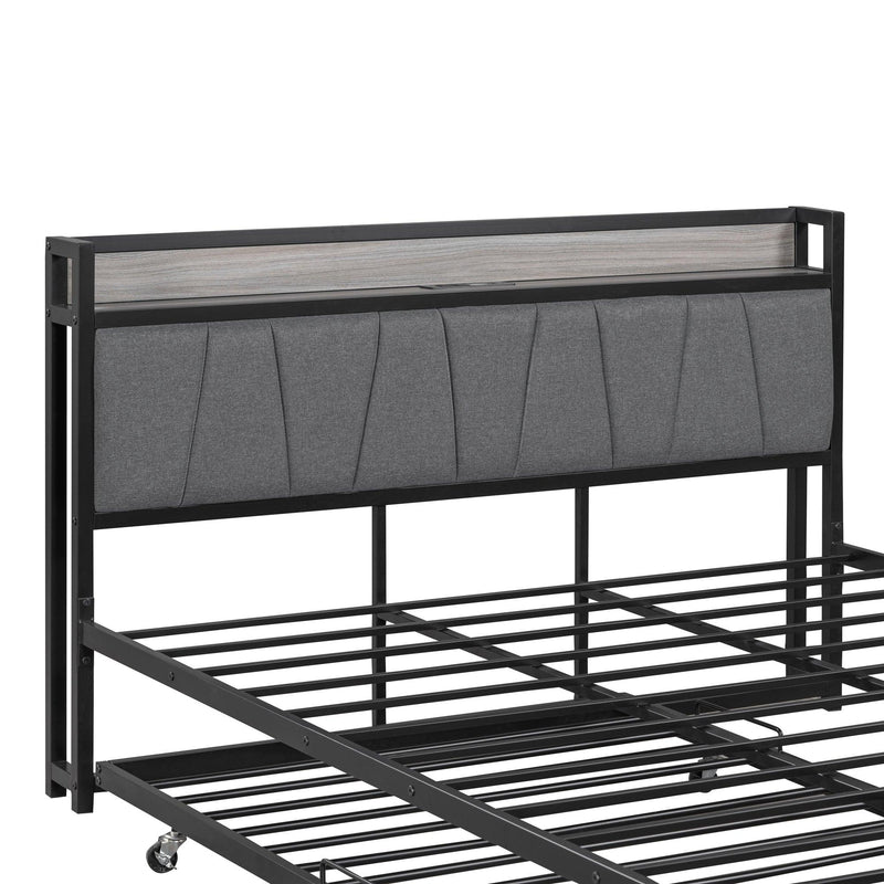 Queen Size Metal Platform Bed Frame with Twin size trundle, Upholstered headboard ，Sockets, USB Ports and Slat Support ,No Box Spring Needed，Black - Urban Living Furniture (Los Angeles, CA)