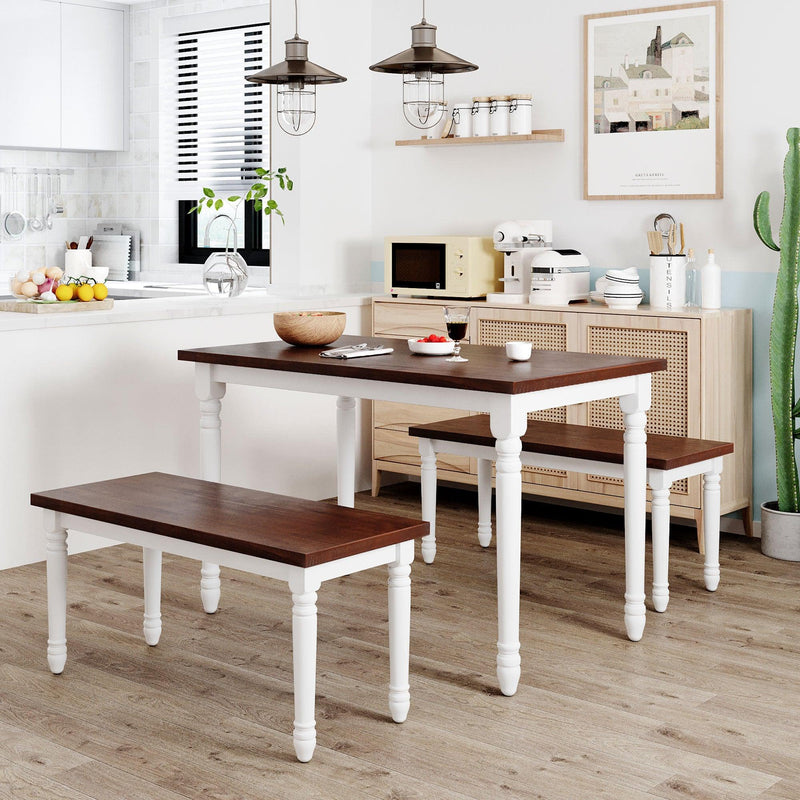 3-Piece Retro Farmhouse Solid Wood Kitchen Dining Table Set Breakfast Nook with 2 Benches, Cherry+White - Urban Living Furniture (Los Angeles, CA)