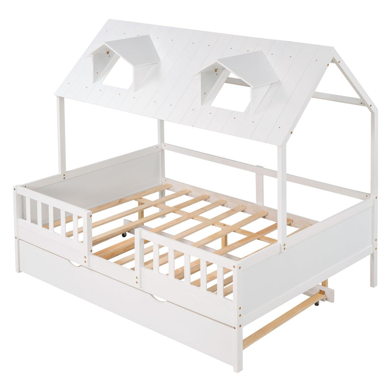 Full Size House Bed Wood Bed with  Twin Size Trundle ( White ) - Urban Living Furniture (Los Angeles, CA)