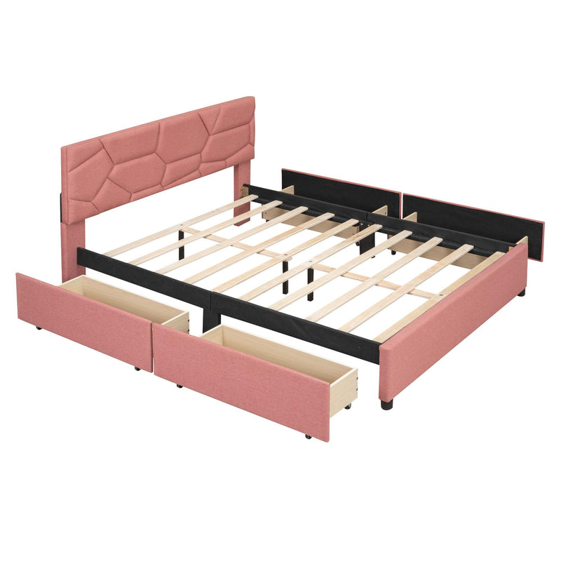 Queen Size Upholstered Platform Bed with Brick Pattern Heardboard and 4 Drawers, Linen Fabric, Pink - Urban Living Furniture (Los Angeles, CA)