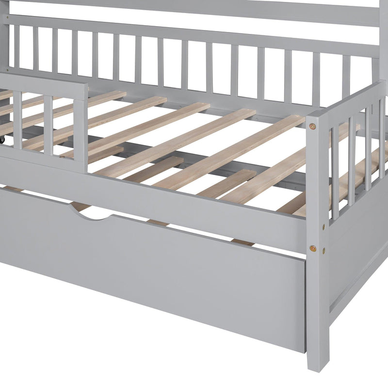 Wooden Twin Size House Bed with Trundle,Kids Bed with Shelf, Gray - Urban Living Furniture (Los Angeles, CA)