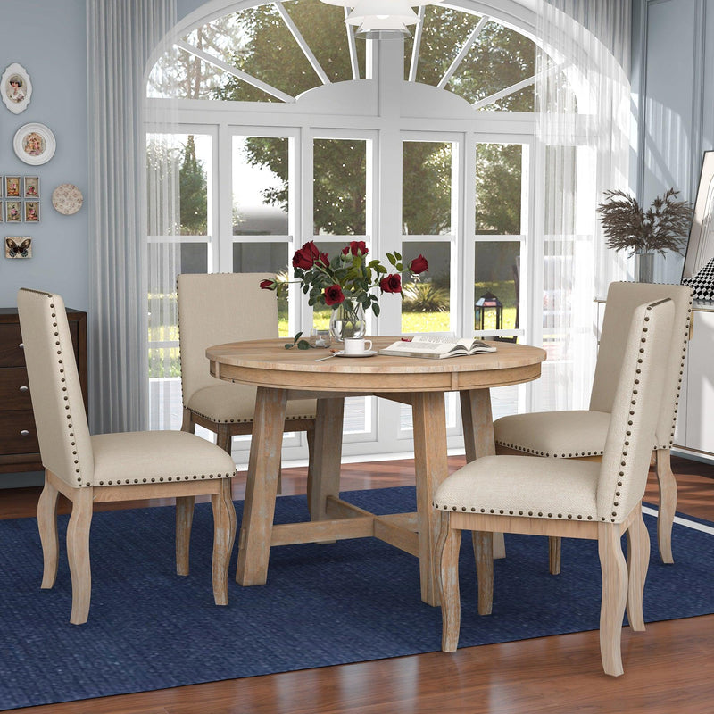 5-Piece Farmhouse Dining Table Set Wood Round Extendable Dining Table and 4 Upholstered Dining Chairs (Natural Wood Wash) - Urban Living Furniture (Los Angeles, CA)