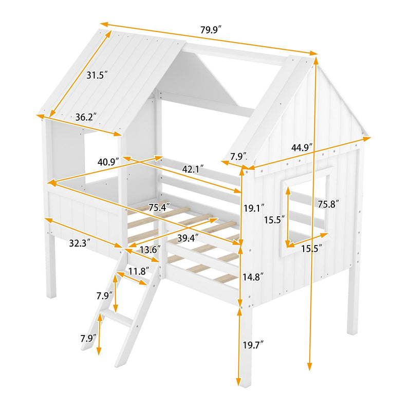 Twin Size Low Loft Wood House Bed with Two Side Windows  (White) - Urban Living Furniture (Los Angeles, CA)