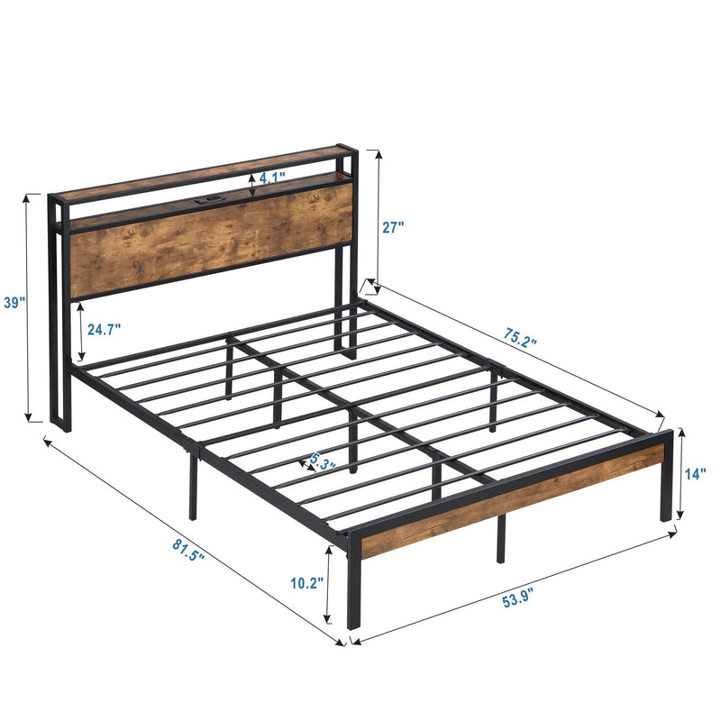 Full Size Metal Platform Bed Frame with Wooden Headboard and Footboard with USB LINER, No Box Spring Needed, Large Under BedStorage, Easy Assemble