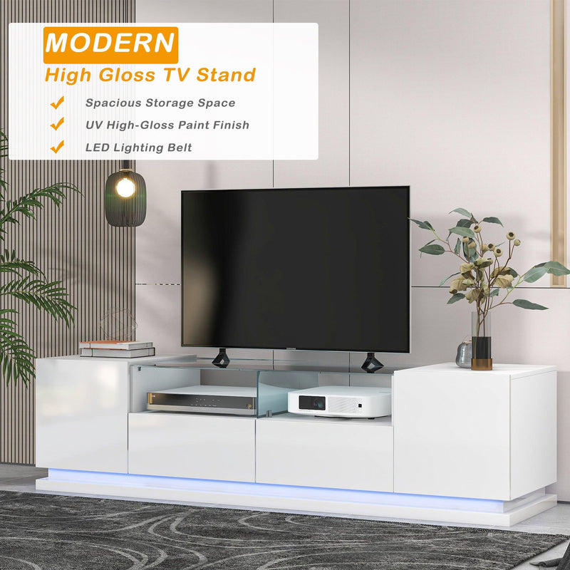 TV Stand with Tempered Glass,Modern High Gloss Entertainment Center for TVs Up to 70”, TV Cabinet withStorage and LED Color Changing Lights for Living Room, White