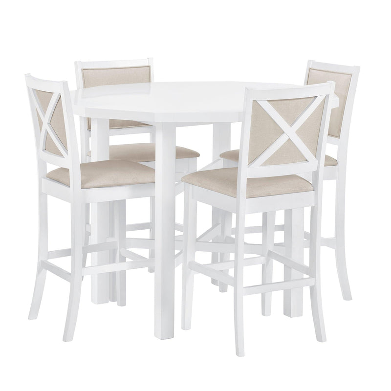 5-Piece Rubber Wood Counter Height Dining Table Set, Irregular Table with 4 High-back Cushioned Chairs for Small Place, White - Urban Living Furniture (Los Angeles, CA)