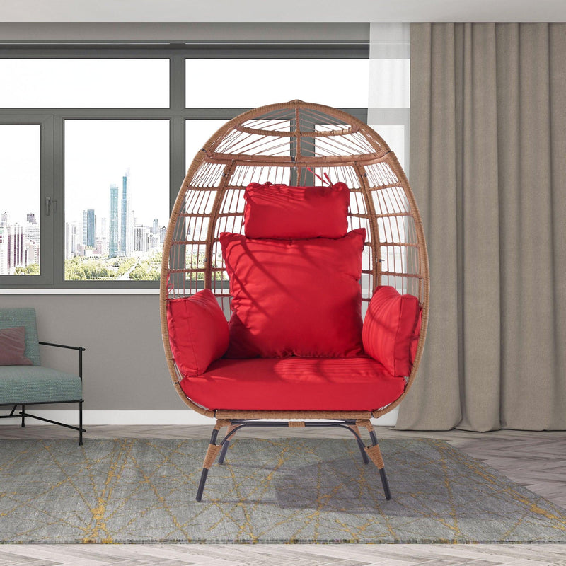 Wicker Egg Chair, Oversized Indoor Outdoor Lounger for Patio, Backyard, Living Room w/ 5 Cushions, Steel Frame, 440lb Capacity - Red - Urban Living Furniture (Los Angeles, CA)