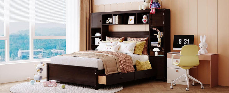 Full Size Wooden Bed With All-in-One Cabinet and Shelf, Espresso