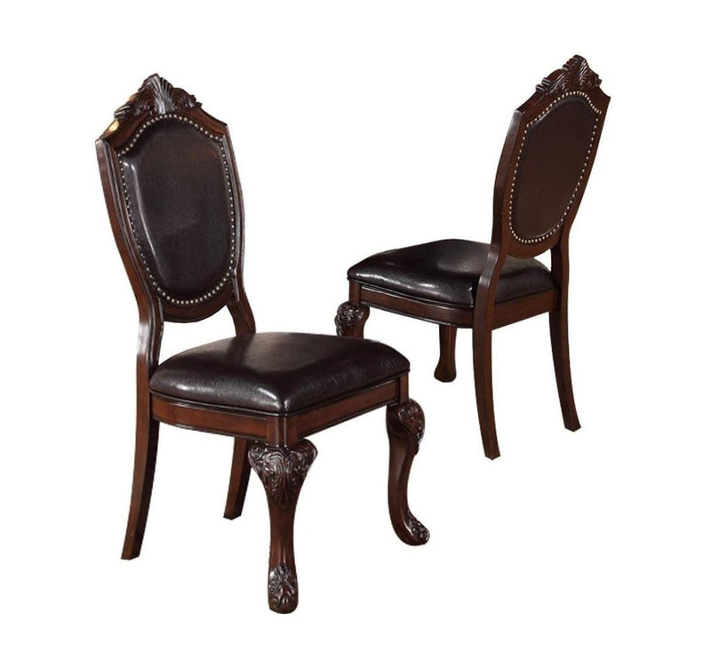 Royal Majestic Formal Set of 2 Side Chairs Brown Color Rubberwood Dining Room Furniture Intricate Design Faux Leather Upholstered Seat