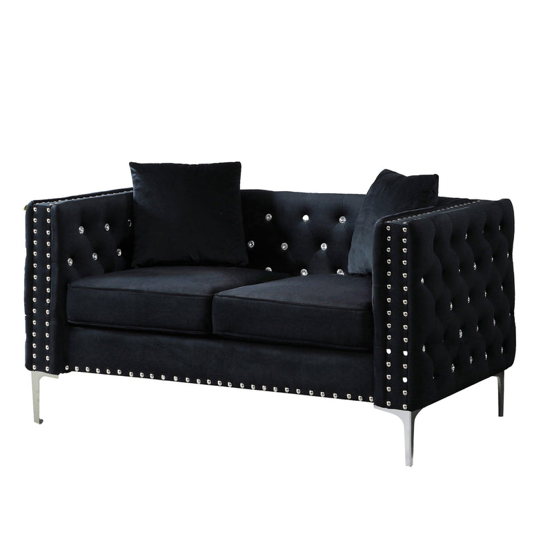 59.4 Inch Wide Black Velvet Sofa with Jeweled buttons,Square Arm ,2 Pillows - Urban Living Furniture (Los Angeles, CA)