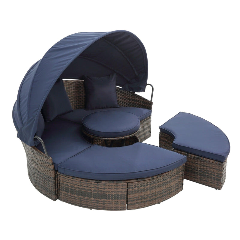 Rattan Round Lounge With Canopy Bali Canopy Bed Outdoor, Wicker Outdoor Sofa Bed with lift coffee table