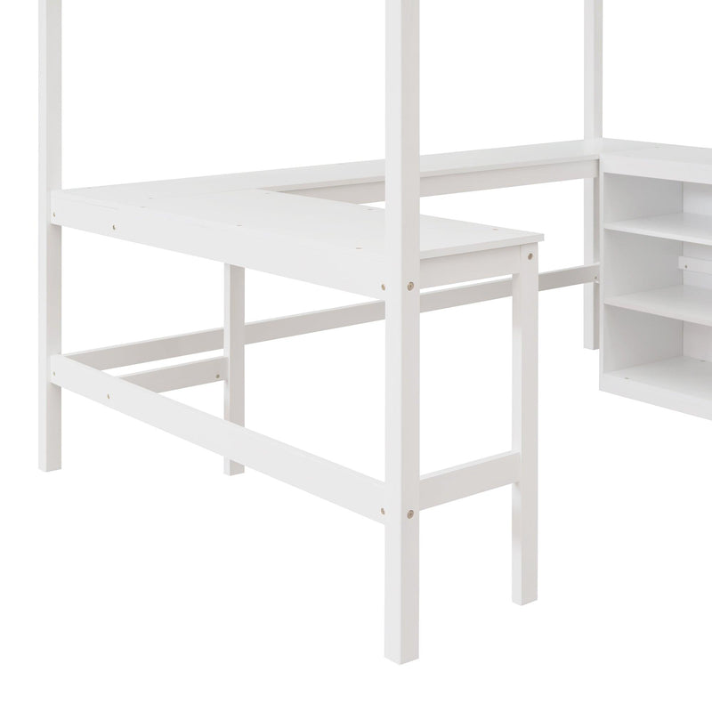 Full size Loft Bed with Shelves and Desk, Wooden Loft Bed with Desk - White