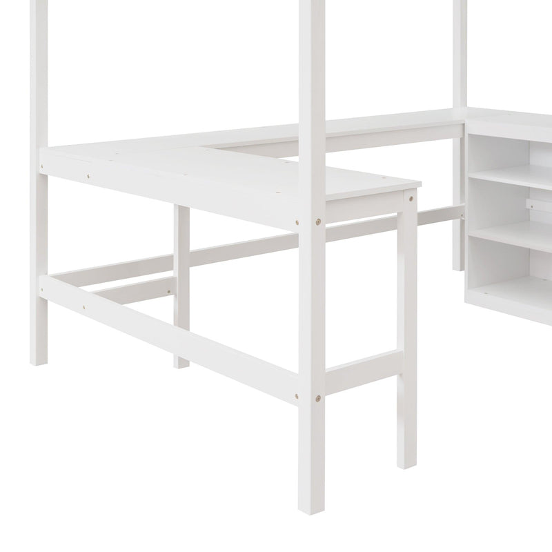 Full size Loft Bed with Shelves and Desk, Wooden Loft Bed with Desk - White - Urban Living Furniture (Los Angeles, CA)