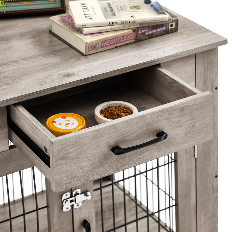 Furniture Style Dog Crate End Table with Drawer, Pet Kennels with Double Doors , Dog House Indoor Use, （Grey，29.92”w x 24.80” d x 30.71”h）
