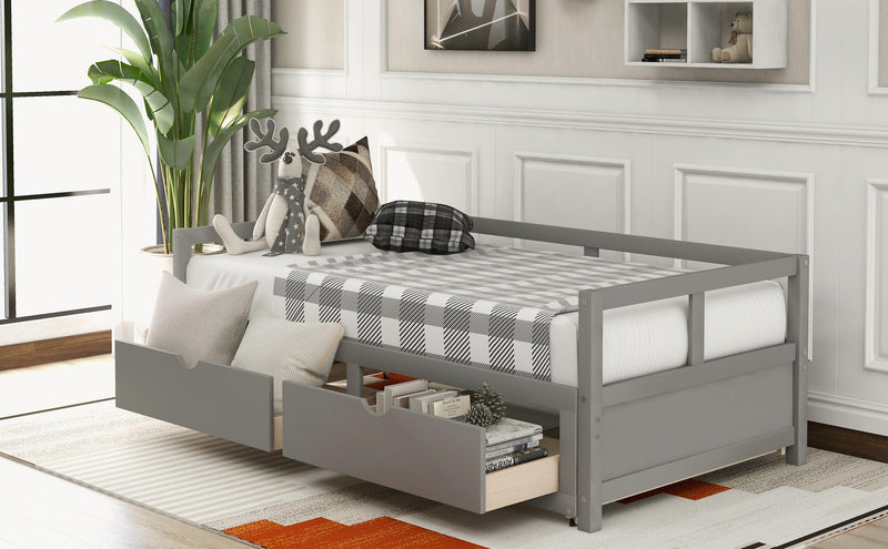 Wooden Daybed with Trundle Bed and TwoStorage Drawers , Extendable Bed Daybed,Sofa Bed for Bedroom Living Room, Gray