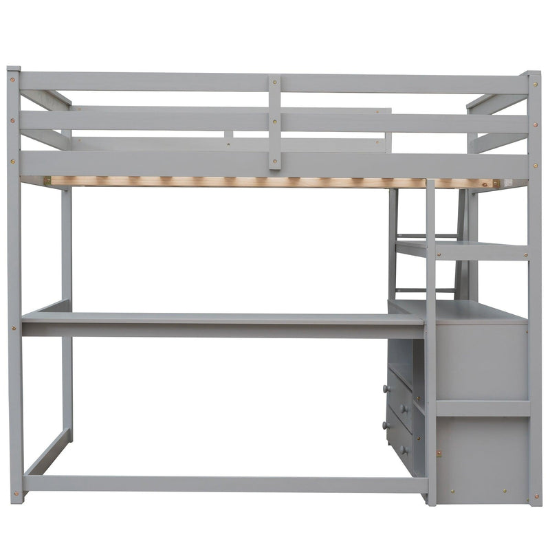 Full Size Loft Bed with Desk and Shelves,Two Built-in Drawers,Gray