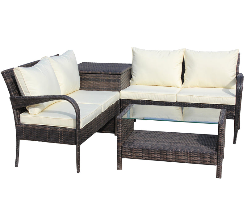 4 Piece Patio Sectional Wicker Rattan Outdoor Furniture Sofa Set withStorage Box Brown