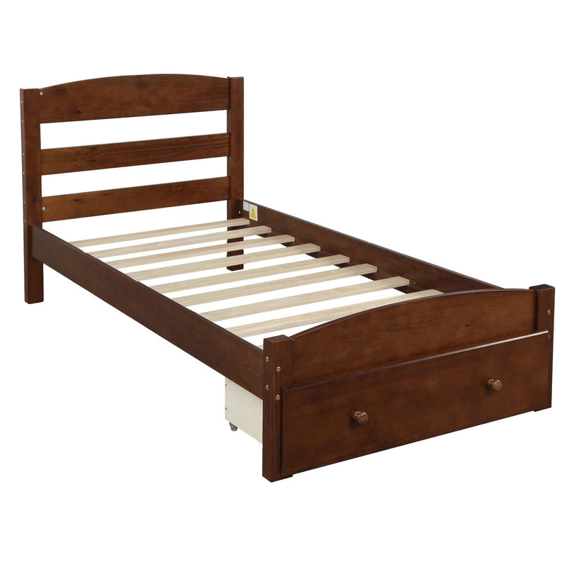 Platform Twin Bed Frame withStorage Drawer and Wood Slat Support No Box Spring Needed, Walnut - Urban Living Furniture (Los Angeles, CA)