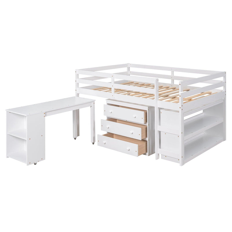 Low Study Full Loft Bed with Cabinet ,Shelves and Rolling Portable Desk ,Multiple Functions Bed- White - Urban Living Furniture (Los Angeles, CA)