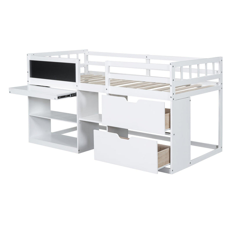 Twin Size Low Loft Bed with Rolling Desk, Shelf and Drawers - White - Urban Living Furniture (Los Angeles, CA)