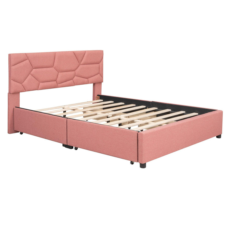 Full Size Upholstered Platform Bed with Brick Pattern Heardboard and 4 Drawers, Linen Fabric, Pink - Urban Living Furniture (Los Angeles, CA)