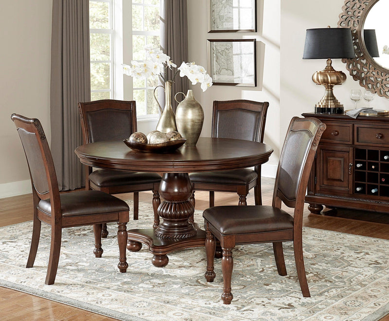 Elegant Design 5pc Dining Set Brown Cherry Finish Pedestal Base Table and 4x Side Chairs Faux Leather Upholstered Traditional Dining Room Furniture