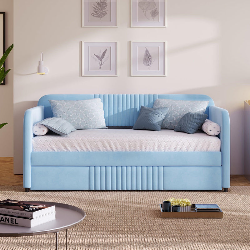 Upholstered Daybed Sofa Bed Twin Size With Trundle Bed and Wood Slat, Light Blue - Urban Living Furniture (Los Angeles, CA)