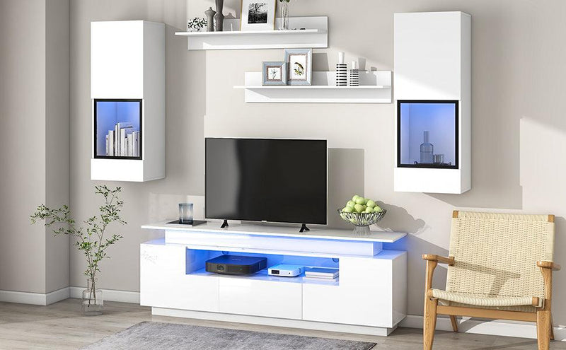 Stylish Functional TV stand, 5 Pieces Floating TV Stand Set, High Gloss Wall Mounted Entertainment Center with 16-color LED Light Strips for 75+ inch TV, White