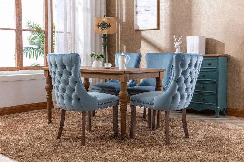 Cream Upholstered Wing-Back Dining Chair with Backstitching Nailhead Trim and Solid Wood Legs,Set of 2, Light Blue