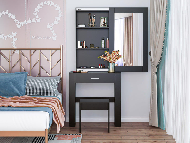 Vanity Desk with Mirror & Stool, Black Makeup Table withStorage Shelves & Drawer, Vanity Set for Girls Women - Urban Living Furniture (Los Angeles, CA)