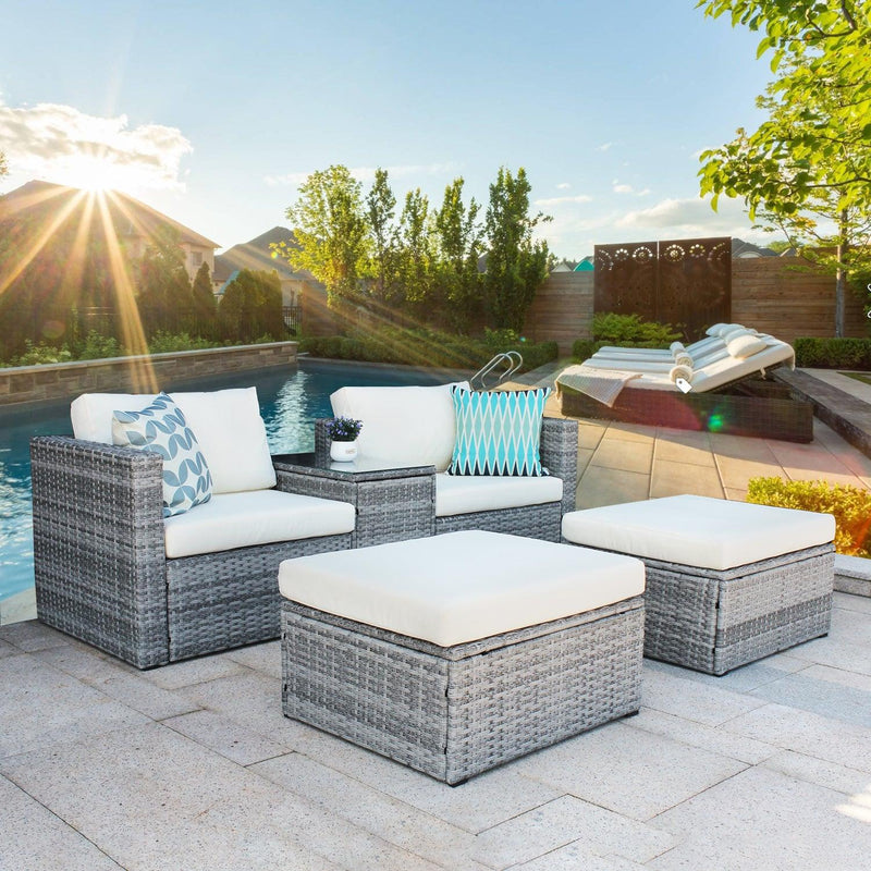 5 Pieces Outdoor Patio Wicker Sofa Set Grey Rattan and Beige Cushion with Weather Protecting Cover - Urban Living Furniture (Los Angeles, CA)