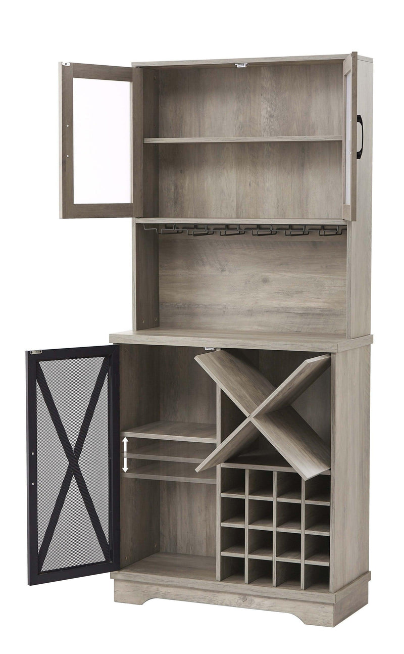 Farmhouse Wine Cabinet , Large Capacity Kitchen SideboardStorage Cabinet With Wine Rack And Glass Holder, Adjustable Shelf And 16 Square Compartments (Gray, 31.50" W*13.4" D*71.06"H) - Urban Living Furniture (Los Angeles, CA)