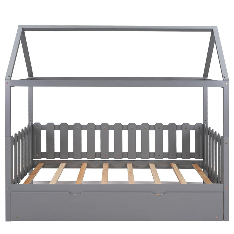 Twin Size House Bed with Trundle, Fence-shaped Guardrail, Gray(New) - Urban Living Furniture (Los Angeles, CA)