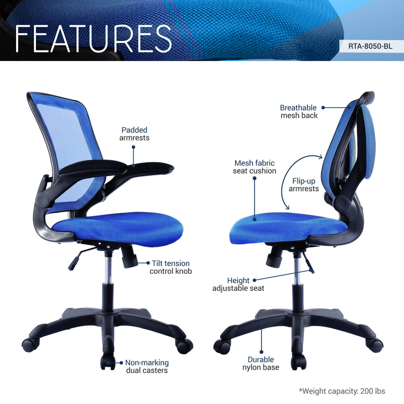 Techni Mobili Mesh Task Office Chair with Flip Up Arms, Blue - Urban Living Furniture (Los Angeles, CA)