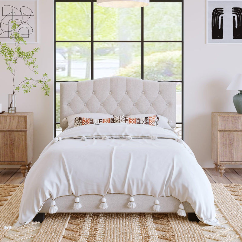 Upholstered Platform Bed with Saddle Curved Headboard and Diamond Tufted Details, Full, Beige - Urban Living Furniture (Los Angeles, CA)