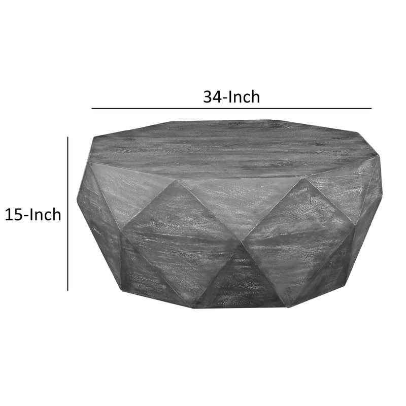 Ashton 34 Inch Handcrafted ManWood Coffee Table, Faceted Diamond Design, Drum Shape, Rustic Gray