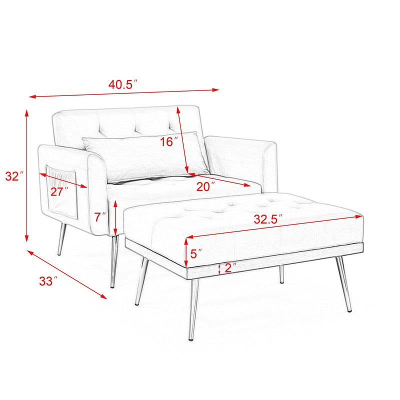 Recline Sofa Chair with Ottoman, Two Arm Pocket and Wood Frame include 1 Pillow, White (40.5”x33”x32”)