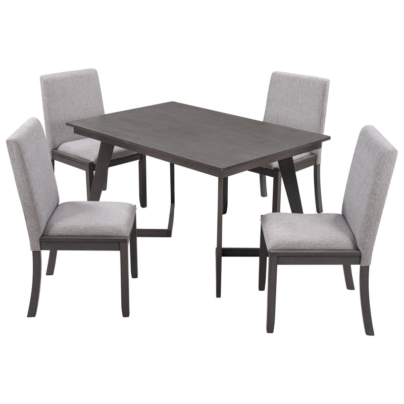 5-Piece Dining Set, Wood Rectangular Table with 4 Linen Fabric Chairs, Gray