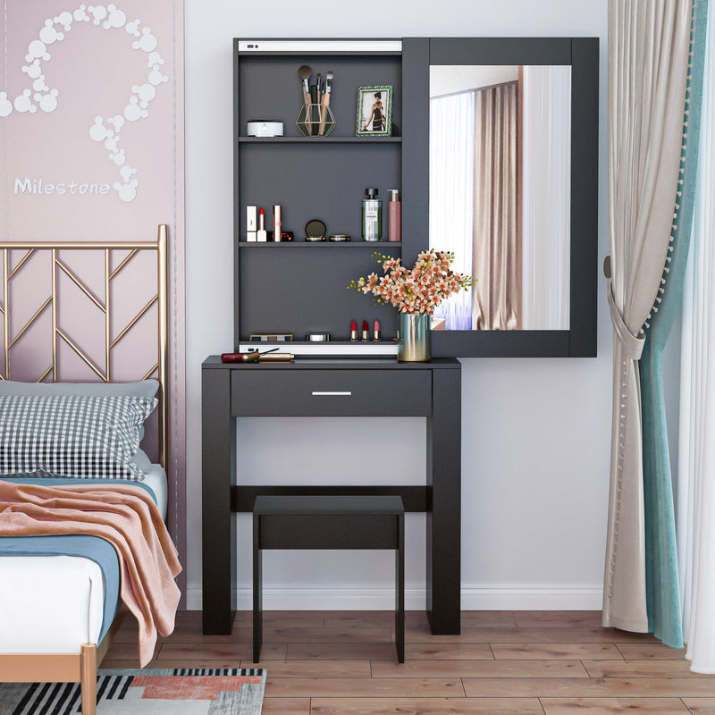 Vanity Desk with Mirror & Stool, Black Makeup Table withStorage Shelves & Drawer, Vanity Set for Girls Women - Urban Living Furniture (Los Angeles, CA)