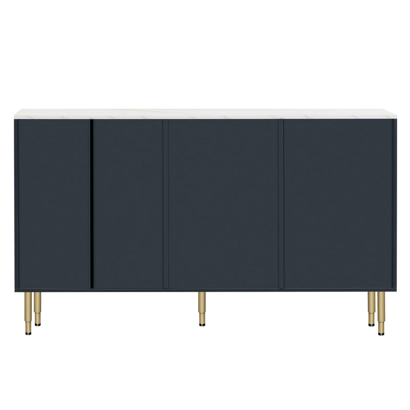 Modern Sideboard MDF Buffet Cabinet Marble Sticker Tabletop and Amber-yellow Tempered Glass Doors with Gold Metal Legs & Handles (Navy Blue) - Urban Living Furniture (Los Angeles, CA)