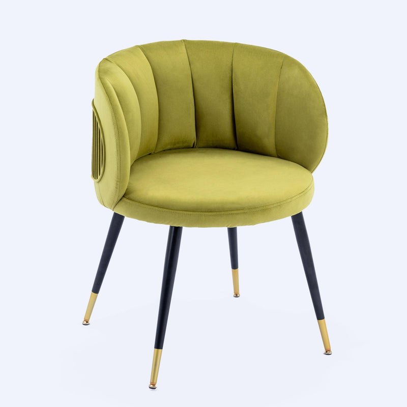Olive Green Velvet lounge chair, black metal feet, unique back design, suitable for office, living room, bedroom