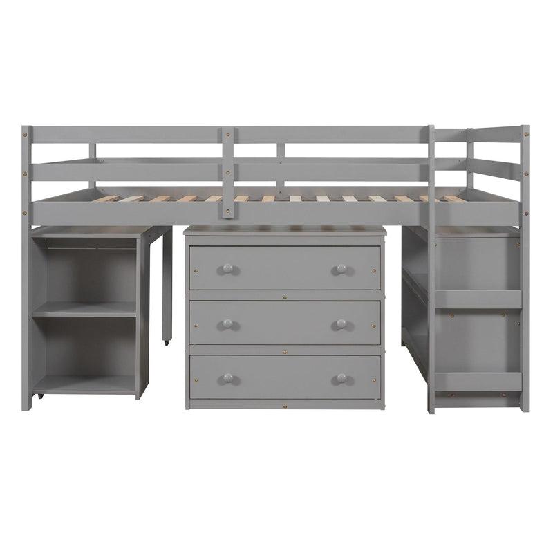 Low Study Full Loft Bed with Cabinet ,Shelves and Rolling Portable Desk ,Multiple Functions Bed- Gray - Urban Living Furniture (Los Angeles, CA)