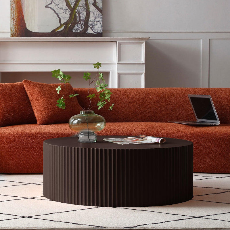 Artisanal Round MDF Coffee Table with Handcrafted Relief and Stunning Painting Finish, Brown - Urban Living Furniture (Los Angeles, CA)