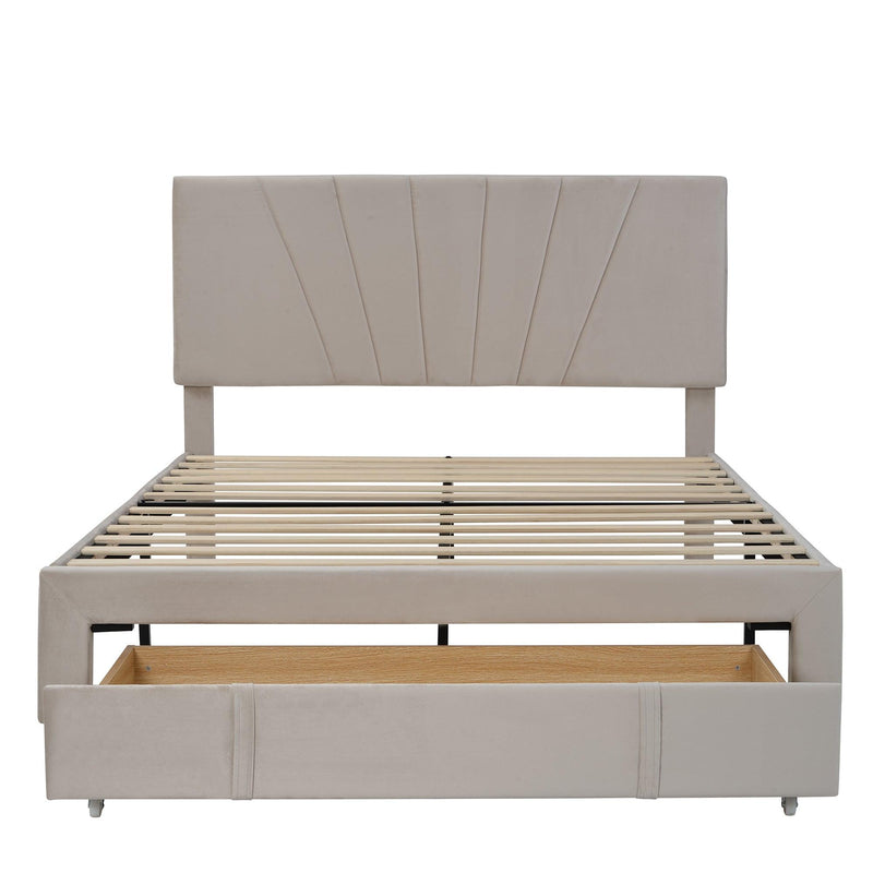 Queen SizeStorage Bed Velvet Upholstered Platform Bed with a Big Drawer - Beige - Urban Living Furniture (Los Angeles, CA)